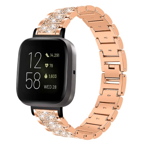 STRAPSCO  Stainless Steel Metal Bracelet Watch Band With Rhinestones for Fitbit Versa 3 - Rose In Gold