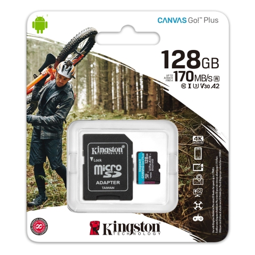 Kingston - Canvas Go MicroSD Plus Memory Card with SD Adapter, 128GB Capacity, Class 10, UHS-I, U3, V30, A2