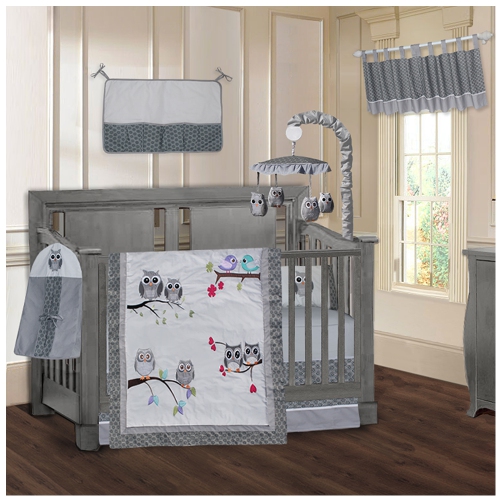 BABYFAD  Owl 9 Piece Baby Crib Bedding In Grey