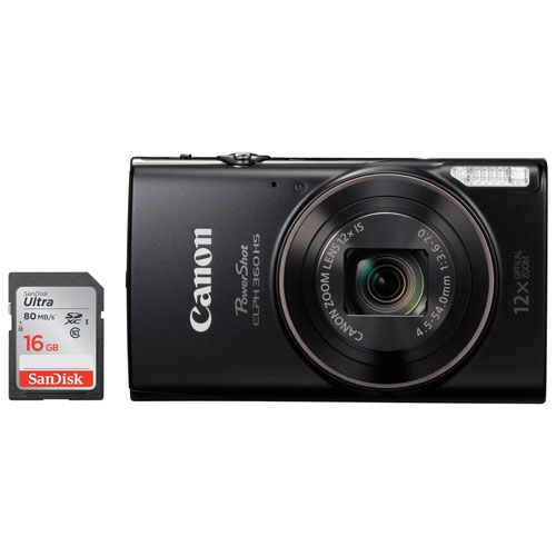 Refurbished - Canon PowerShot ELPH HS 360 20.2MP 12x Optical Zoom Digital Camera & 16GB SD Card Black