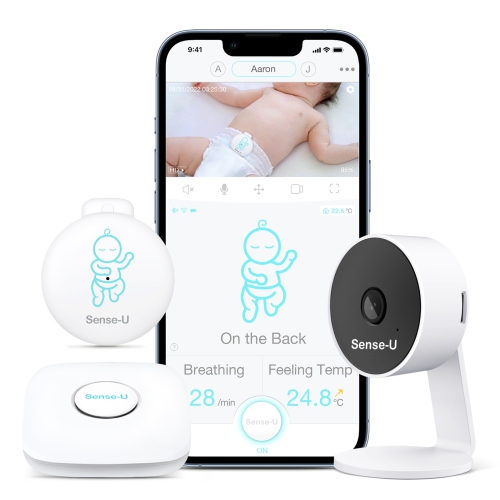 Sense-U Smart Baby Monitor 3 + Camera with Breathing Motion, Rollover, Feeling Temperature Sensors | Night Vision, 2-Way Talk, Motion Detection, Long