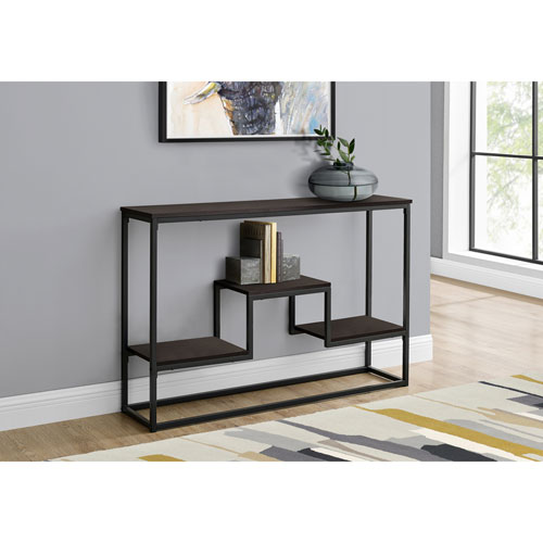 Monarch Contemporary Rectangular Console Table with Multi-Level Shelf- Espresso/Black