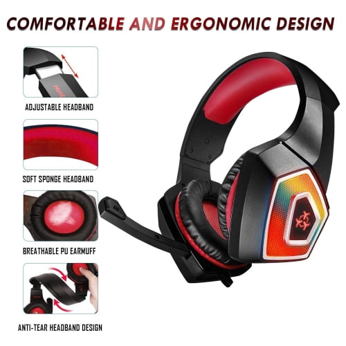 Casque de jeu avec micro pour Xbox One PS4 PC Switch Tablet Smartphone, casque stéréo Over Ear Bass 3,5 mm microphone antibruit 7 LED lumière douce