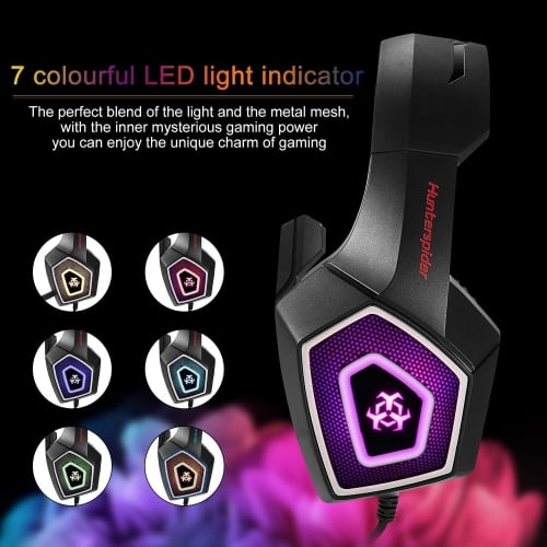 Casque de jeu avec micro pour Xbox One PS4 PC Switch Tablet Smartphone, casque stéréo Over Ear Bass 3,5 mm microphone antibruit 7 LED lumière douce