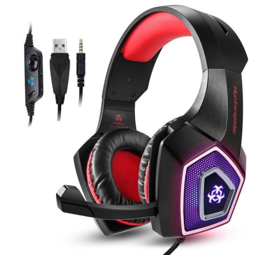 Casque de jeu avec micro pour Xbox One PS4 PC Switch Tablet Smartphone, casque stéréo Over Ear Bass 3,5 mm microphone antibruit 7 LED lumière douce