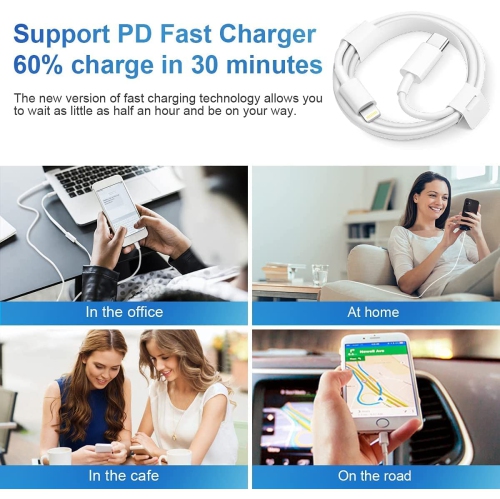 Chargeur mural rapide USB-C de 20 W pour iPhone 14 Pro Max iPhone 13 Pro Max iPhone 11 iPhone 12 PRO MAX iPad Air mini iPad Pro + câble USB-C à