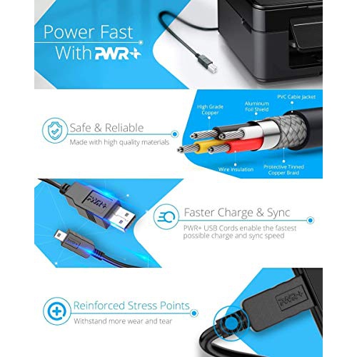 Pwr 6 Ft Long USB-Printer-Cable 2.0 for HP OfficeJet Laserjet Envy; Canon Pixma; Epson Workforce, Stylus, Expression Home; ...