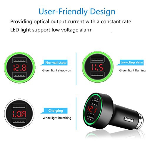 Palumma 24W/4.8A Dual USB Car Charger, 12V to USB Outlet with Cigarette Lighter Voltage Meter LED/LCD Display Battery Low V...
