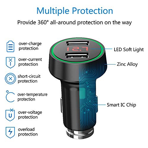 Palumma 24W/4.8A Dual USB Car Charger, 12V to USB Outlet with Cigarette Lighter Voltage Meter LED/LCD Display Battery Low V...