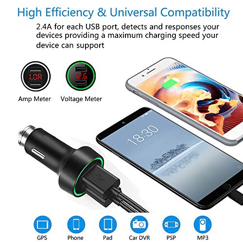 Palumma 24W/4.8A Dual USB Car Charger, 12V to USB Outlet with Cigarette Lighter Voltage Meter LED/LCD Display Battery Low V...