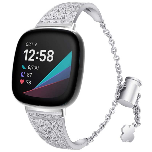 StrapsCo Cuff & Chain Women's Decorative Watch Bracelet with Rhinestones for Fitbit Sense - Silver