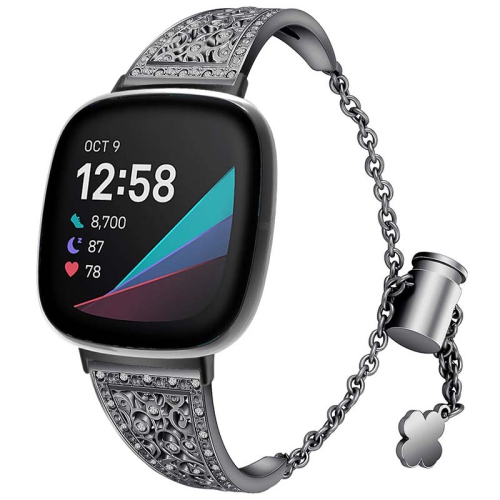 STRAPSCO  Cuff & Chain Women's Decorative Watch Bracelet With Rhinestones for Fitbit Sense - In Black
