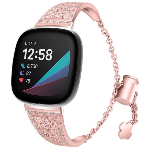 StrapsCo Cuff & Chain Women's Decorative Watch Bracelet with Rhinestones for Fitbit Sense - Rose Gold