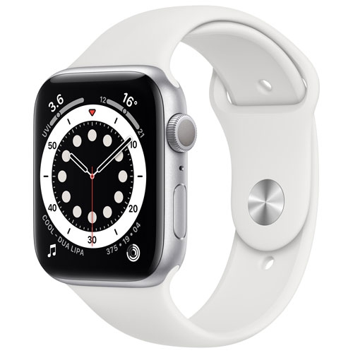 Apple Watch Series 6 avec boîtier 44 mm en aluminium argenté et bracelet sport blanc - Remis à neuf