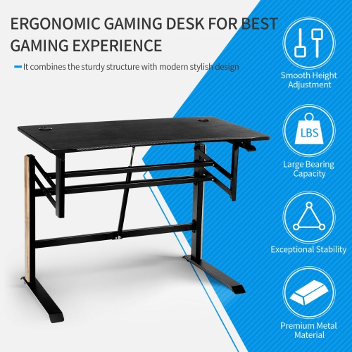 Gymax Pneumatic Height Adjustable Gaming Desk T Shaped Game Station w/Power Strip Tray