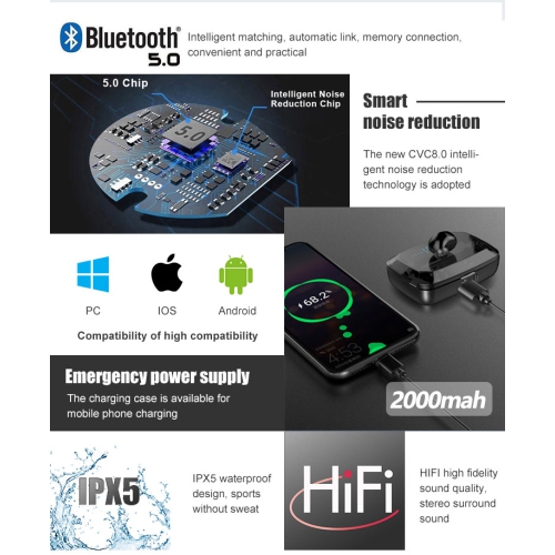 MKL Innovations® AERO Bluetooth Wireless Noise Cancelling Touch Earbuds with Portable Charging Case/ Power Bank