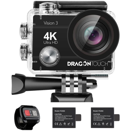 Dragon Touch 4K Action Camera 16MP Vision 3 Underwater Waterproof Camera PC Webcam 170° Wide Angle WiFi Sports Cam with Remote 2 Batteries and Mounti