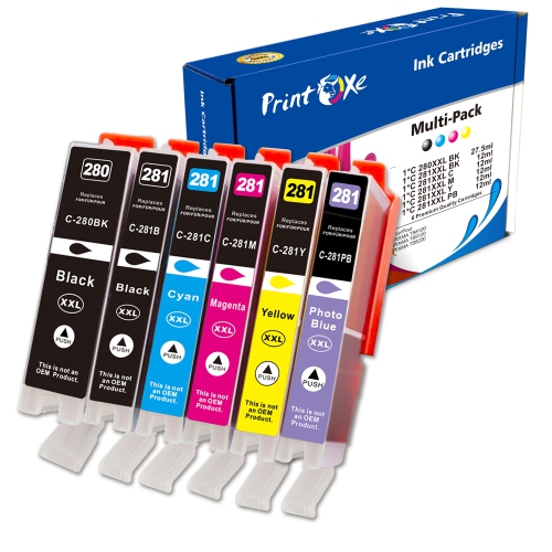 PrintOxe® PGI 280 / CLI 281 XXL Compatible Set of 6 Ink Cartridges with Photo Blue for Canon PIXMA TR7520 TR8520