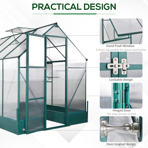 Outsunny 8' x 6' x 7' Polycarbonate Greenhouse with Raised Garden Bed and Temperature Controlled Window, Walk in Outdoor Plant Green House with