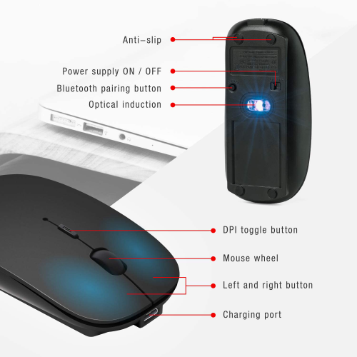 Slim Wireless Mouse for Bluetooth 2.0/3.0/4.0, Up to 1600 DIP, Compatible with Windows, MacOS, Android, iPhone/iPad