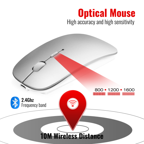 Slim Wireless Mouse for Bluetooth 2.0/3.0/4.0, Up to 1600 DIP, Compatible with Windows, MacOS, Android, iPhone/iPad