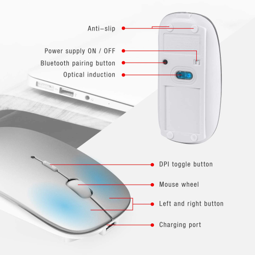 Slim Wireless Mouse for Bluetooth 2.0/3.0/4.0, Up to 1600 DIP, Compatible with Windows, MacOS, Android, iPhone/iPad