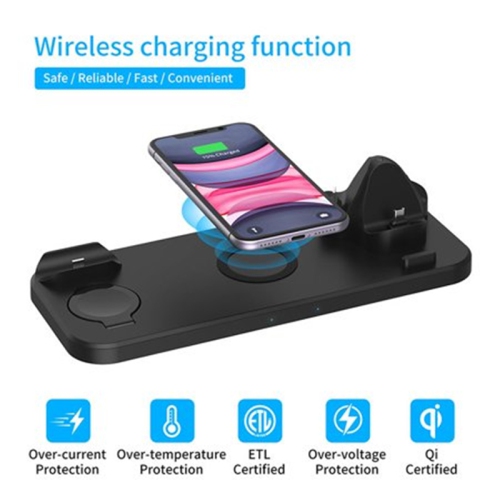 6 in 1 Wireless Charger Dock Stand Station for Apple Watch iWatch AirPods 1 2 iPhone Pro Max Samsung LG Phones, Black