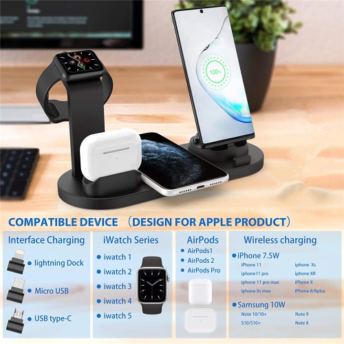 6 in 1 Wireless Charger Dock Stand Station for Apple Watch iWatch AirPods 1 2 iPhone Pro Max Samsung LG Phones, Black