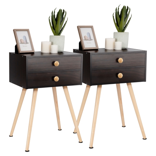 COSTWAY  2 PCs Mid Century Modern 2 Drawers Nightstand Sofa Side Table End Table Espresso