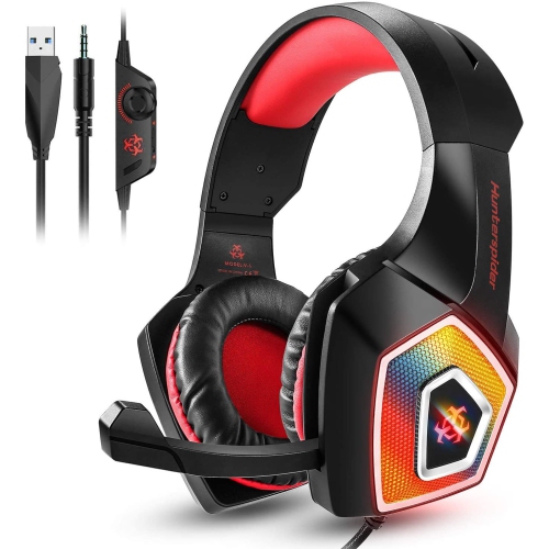 Stereo Headset for PS4, PC, Xbox One Controller, Noise Cancelling Over Ear Headphones with Mic, LED Light, Bass Surround, Soft Memory Earmuffs for La