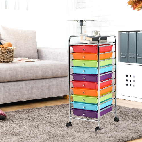 Costway – Organisateur d’école de bureau à 10 tiroirs et chariot de rangement sur roulettes, multicolore