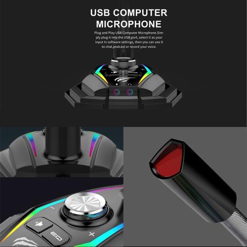 HAVIT Omnidirectional Adjustable USB Microphone for Computer With RGB lights for Gaming Chatting