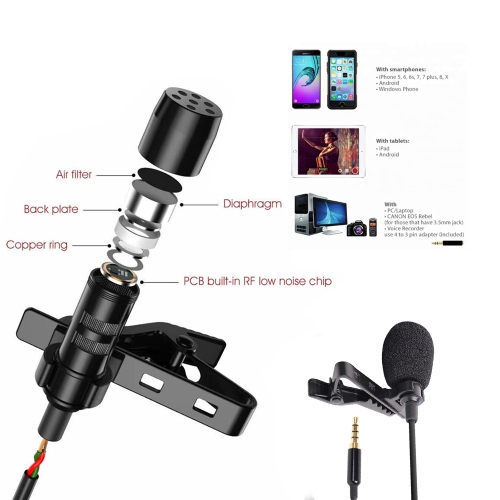 GREEN AUDIO 3.5mm Lavalier Lapel Clip on Microphone for Computer, Cameras and Smartphones