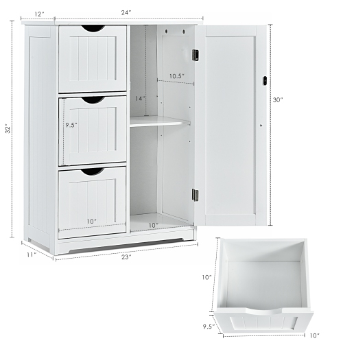 Costway Bathroom Floor Cabinet Side Storage Cabinet with 3 Drawers and 1 Cupboard