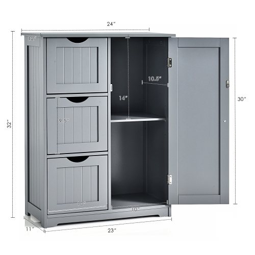 Costway Bathroom Floor Cabinet Side Storage Cabinet with 3 Drawers and 1 Cupboard