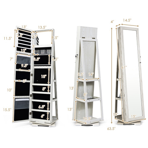 Costway 360degree Rotatable Jewelry Cabinet 2-in-1 Lockable Mirrored Organizer