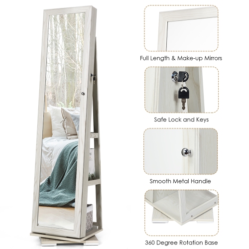 Costway 360degree Rotatable Jewelry Cabinet 2-in-1 Lockable Mirrored Organizer