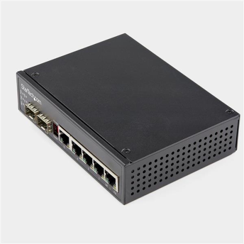 StarTech Industrial 5 Port Gigabit Ethernet Switch 5 PoE RJ45 +2 SFP Slots 30W PoE+ 48VDC 10/100/1000 Mbps -40C to 75C w/DIN Connector