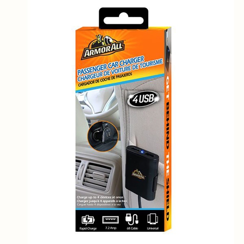 Armor All ACC8-1006-BLK 7.2 AMP 4 Port Car Charger With Black Hub
