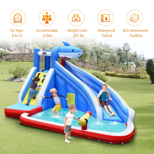 Costway Inflatable Water Slide shark Bounce House Castle Splash Water Pool W/750W Blower