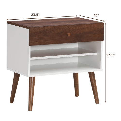 Costway 2PCS Nightstand End Side Table Drawer Storage Shelf Mid-Century Rubber Wood Leg