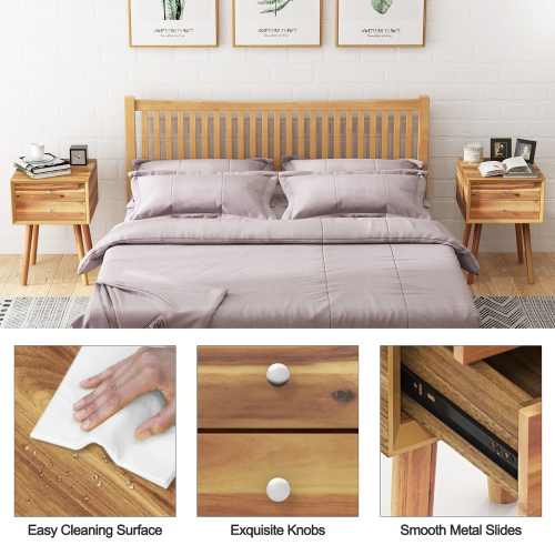 Gymax 2PCS 2-Drawer Nightstand Mid-century Modern Bed Side Table w/ Storage Multipurpose End Table Brown