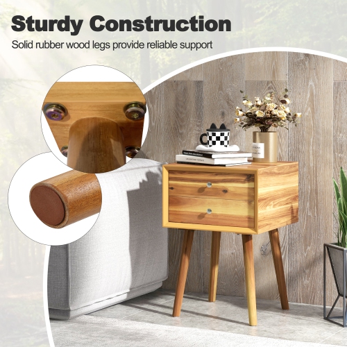 Gymax 2PCS 2-Drawer Nightstand Mid-century Modern Bed Side Table w/ Storage Multipurpose End Table Brown