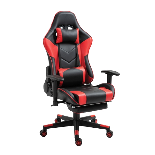 Omnia Ergonomic PU Leather Racing Gaming Chair with Reclining Backrest Adjustable Armrests & Footrest - Red