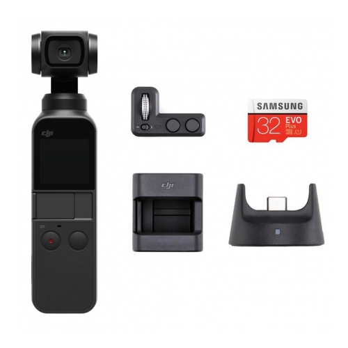 DJI Osmo Pocket 4K Action Camera and Expansion combo Kit -Essential Bundle - includes Controller Wheel + Wireless Module+ Accessory Mount + 32GB Samsung microSD Card