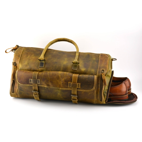 Buff Leather Duffel Bag 20" // Shoes Compartment / Brown