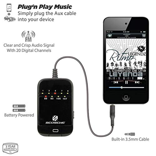 Émetteur FM Scosche alimenté par batterie avec 20 fréquences préréglées, emballage détail