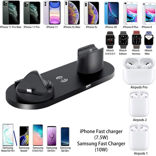 Station de chargement sans fil 6-en-1 Station de chargement sans fil 10&nbsp;W pour AirPods Pro iPhone 16 Pro Max iPhone 15 14 13 12 Support de