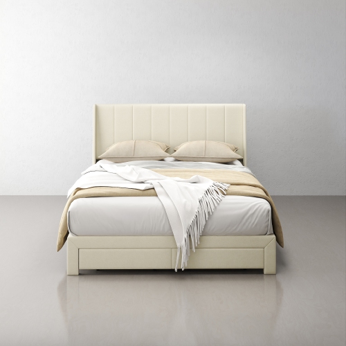 Homy Casa Modern Queen Size Upholstered Bed Frame with Storage Drawers – Beige, No Box Spring Needed