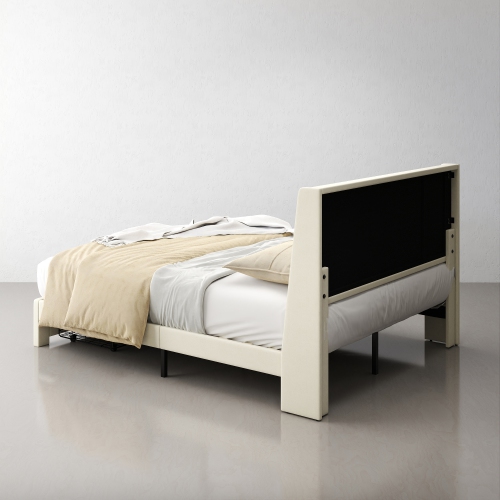 Homy Casa Modern Queen Size Upholstered Bed Frame with Storage Drawers – Beige, No Box Spring Needed
